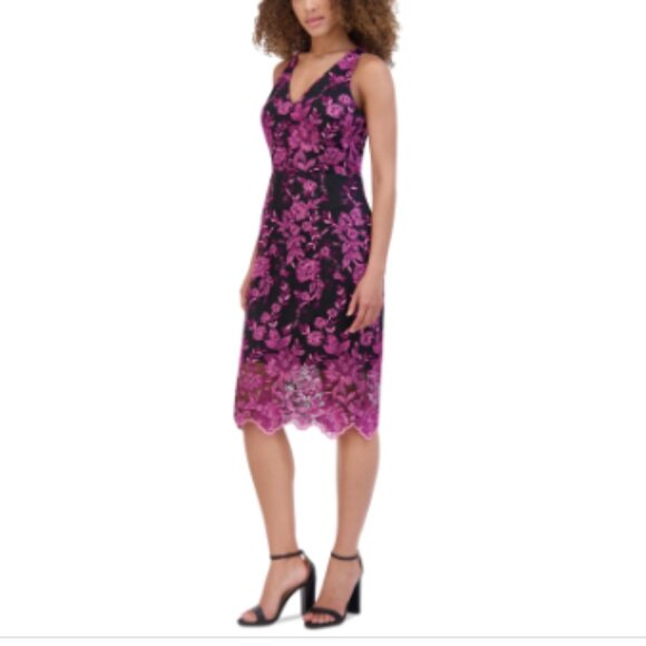 Siena Women's Embroidered Mesh Sleeveless MIDI Dress - Fchia/blk - Picture 3 of 3